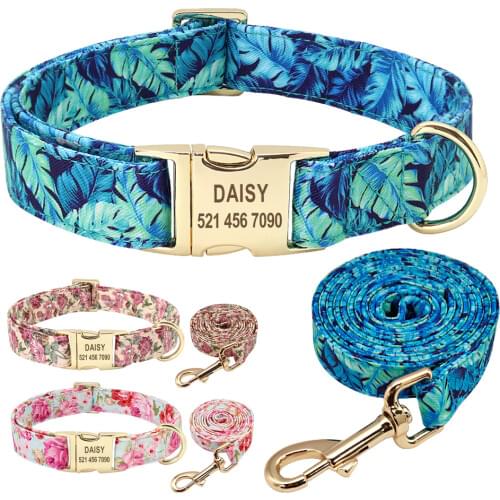 Personalized Floral Dog Collar and Leash Set Custom Small Medium Large Dog Pet ID Collar Lead Flower Print Dog Engraved Collars