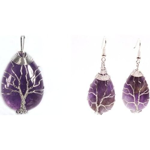 Kraft-beads Silver Plated Wire Wrap Water Drop Pendant Natural Amethysts Earrings Stone Jewelry Sets