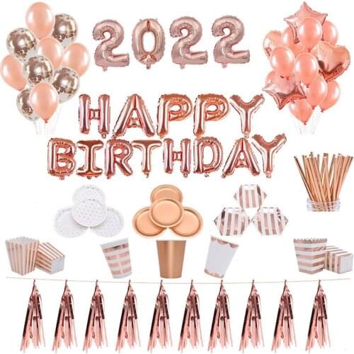Rose Gold Foil Letter Number Balloons Happy Birthday Disposable Tableware New year 2022 wedding birthday party decorations