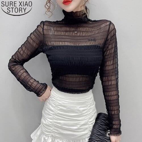 Sexy Mesh Lace Bottoming Blouse Women See Through High Elastic Shirt Turtleneck Fashon 2021 Pleated Blouse Slim Fit Tops 10458