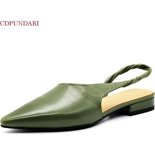 Luxury Green Black Genuine Leather Sexy Pointed Toe Flat Shoes Women Spring Summer Casual Flats Ladies Popular