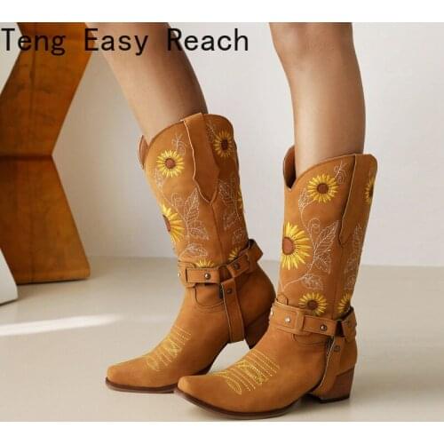 Vintage Cowboy Boots Low Heel Autumn Winter Women Shoes British Embroidered Design Western Mid-calf Boots Party Femmes Bottes 41
