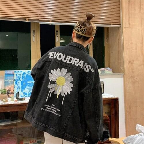 Women Denim Jackets Korean Loose Embroidery Floral Letter Female Casual Streetwear Manteau Outerwear Harajuku Tide