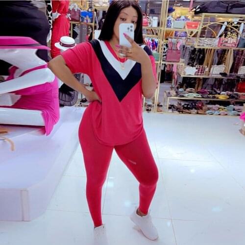 Contrast Color Patchwork Two Piece Pant Suit Women Casual V-neck Short Sleeve T-shirt and Skinny Legging Sportswear Tracksuits