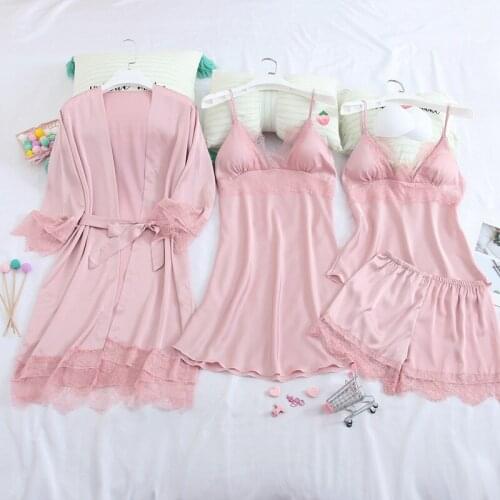 Women Pajamas Suit 4PCS PJS Set Satin Kimono Robe Gown Faux Silk Loungewear Sexy Pyjamas Intimate Lingerie Lace Nightwear
