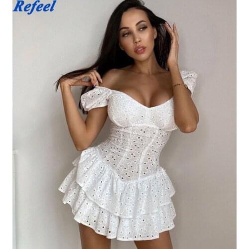 Women White Patchwork Ruffles Lace Hollow Out Dress New Square Neck Short Puff Sleeve Slim Fit Fashion Tide Summer Mini Dress