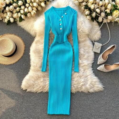 Women Dress 2021 Autumn Winter Women Knitted Sweater Dresses V-Neck Sexy Long Dress With Belt Casual Button Bodycon Dresses C-7