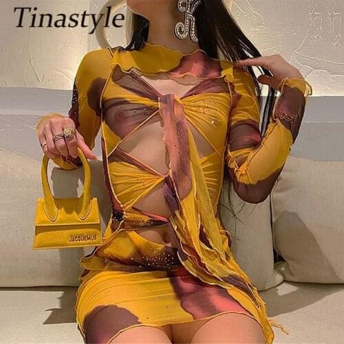 Tinastyle Tie Dye Print See Through Mesh Dress Women Sexy Hollow Out Bandage Bodycon Party Dress Winter Elastic Christmas Dress