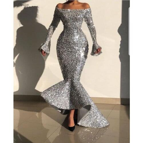 Silver Robe De Soiree Mermaid Long Sleeves Sequins Sparkle High Low Long Prom Dresses Prom Gown Evening Dresses