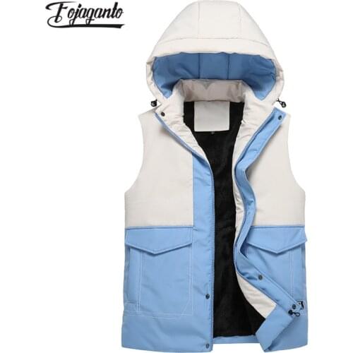 FOJAGANTO Winter Mens Fashion Vest Jacket Korean Thick Color-Match Sleeveless Waistcoat Youth Couple Street Hooded Vest Male