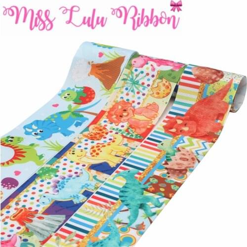 16mm-75mm Cartoon Dinosaur Series Colorful Dots Stripes Printed Grosgrain/Foe Ribbon DIY Hair Bowknot Gift Pack 50yards/roll