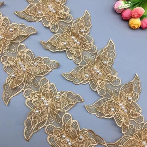 2 yards 7.5x11cm Gold Pearl Beaded Butterfly Embroidered Flower Lace Trim Applique Fabric Sewing Craft DIY Wedding Dress