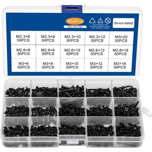 450Pcs/Box M2.3 M2.6 M3 Black Cross Countersunk Head Tapping Screw Boxed Phillips Flat Screw Assortment Kit