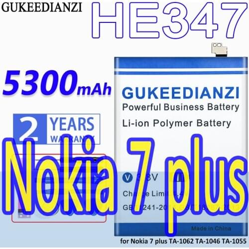 High Capacity GUKEEDIANZI Battery HE347 5300mAh for Nokia 7 plus TA-1062 TA-1046 TA-1055 Nokia7 plus Nokia 7plus