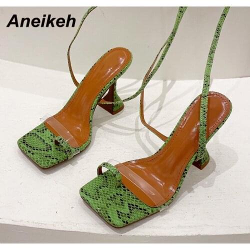 Aneikeh 2021 Summer Fashion Head Peep Toe Women Shoe Sexy High Heel PU Serpentine Shallow Cross-Tied Ladies Party Sandals 35-41