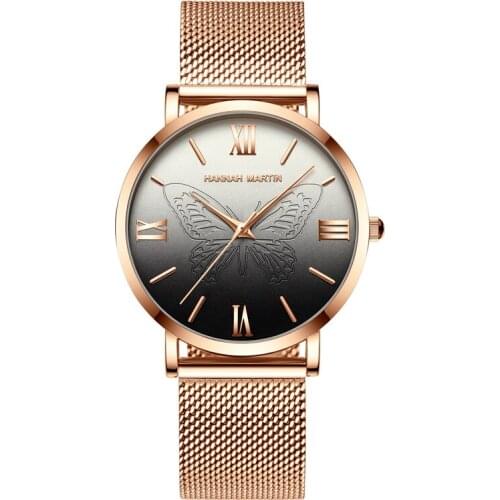 Beatiful Black Butterfly Dial Rosegold Steel Band Slim Case Watch Gold Modern Design Luxury Brand Quartz Women Watches Jewelry