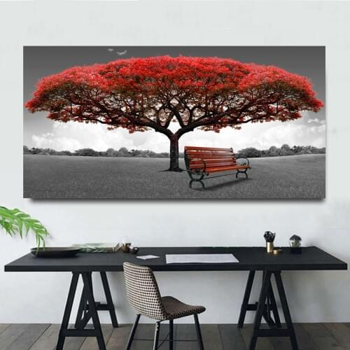 Single Red Tree Forest Landscape Canvas Painting Horizontal Rectangle Nordic Picture Wall Art For Living Bedroom Decor