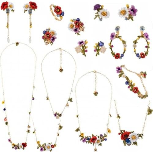 Poppy Earrings Necklace Bracelet Set Enamel Glazed Poppy Daisy Sweater Chain Stud Earrings Ear Clip Bracelet Ring Personality