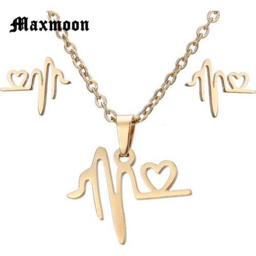 Maxmoon Hot Sale Heartbeat Electrocardiogram Stainless Steel Necklace Earring Sets Doctor Jewelry Gift