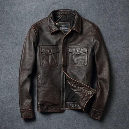 Genuine Leather Jacket Men Vintage Mens Leather Jacket Motorcycle Cow Leather Coat Short Plus Size Jaqueta Couro 066 YY449