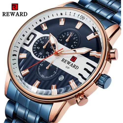 Men Watches Luxury Brand REWARD Chronograph Blue Face Sports Watches Full Steel Quartz Watch Relogio Masculino reloj mujer 2020