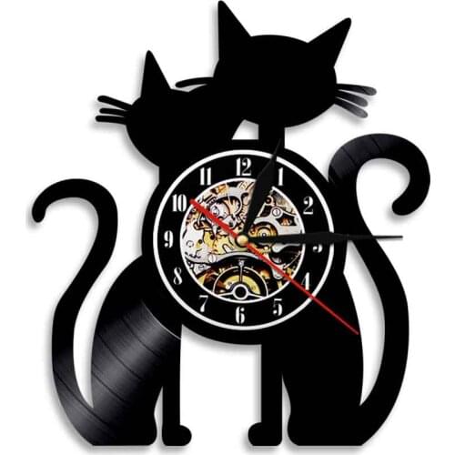 Couple Cats Vintage LP Vinyl Record Wall Clock Modern Animals Timepiece Home Decor Watch Relogio De Parede Gift For Cat Lover