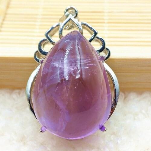 Genuine Natural Purple Amethyst Quartz Pendant Water Drop Women Men 31x22mm Amethyst Necklace Brazil 925 Sterling Silver AAAAA