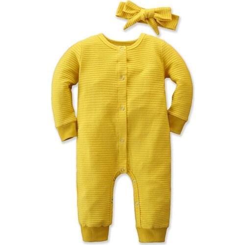 Autumn Infant Baby Girls Romper + Headband Cotton Long Sleeve Solid Color Baby Playsuit Overalls Clothes