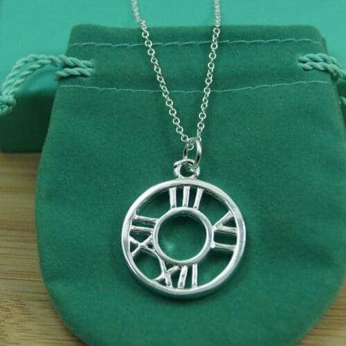 925 Silver Hollow Round Roman Pendant Necklace For Women Chain Wedding Party Jewelry Christmas Gift