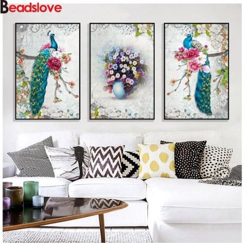Full,Diamond Embroidery,flowers,5D,3pcs Diamond Painting,peahen,Cross Stitch,Diamond Mosaic,diamond pattern,home decor