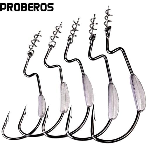 PROBEROS 5pcs/lot Fishing Soft Lure Bait Crank Worm Hooks Lead Texas Rig 1/0-5/0# Barbed Carp Crank Fishing Hooks with Lock Pin