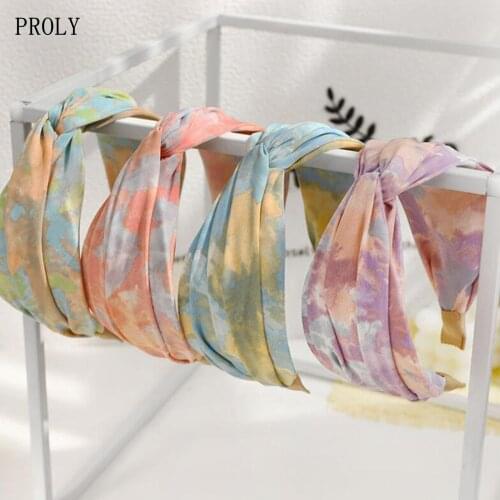 PROLY New Fashion Women Headwear Wide Side Tie Dye Cloth Cross Knot Hairband Turban Hair Accessories Wholesale