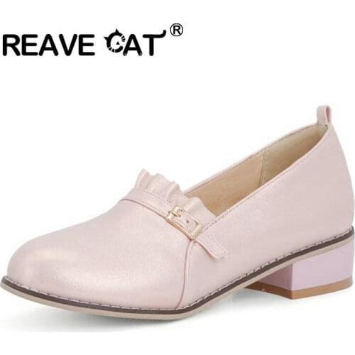 REAVE CAT New 2021 Women Pumps Round Toe 3.5cm Block Heels Slip-On Buckle Concise Classic Student Big Size 30-48 Casual A3915