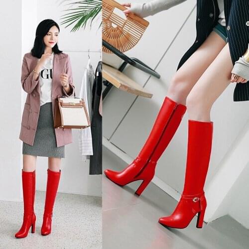 European and American super high heel thick heel high boots red patent leather knight boots side zipper female boots
