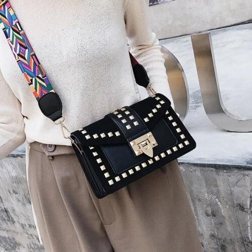 Fashion Famous Designer Bag Bags Rivet Patchwork Colors Wide Strap PU Leather Women Shoulder Crossbody Bag Hasp Womens Handbags
