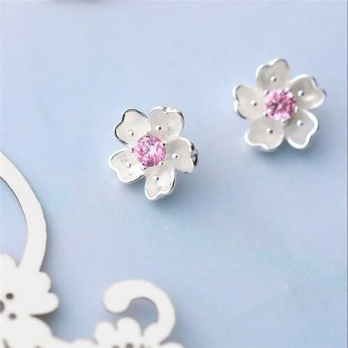 Woman Earrings Jewelry Brand Purple/Pink Cubic Zirconia Sakura Flowers Stud Earrings For Women Girl Cute Romantic Jewelry