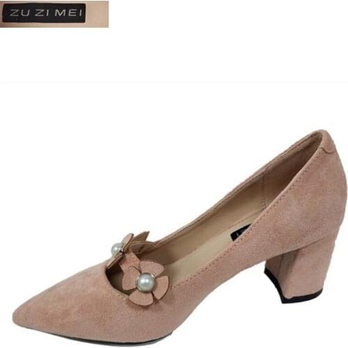 2018 Women Pumps 6CM Sweet Style Square High Heel Flock Pointed Toe Spring and Autumn Elegant Shallow Ladies Shoes Size 34-43