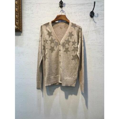 2021 womens cardigan V-neck long-sleeved heavy industry diamond star linen Sweater gold thread split sweater