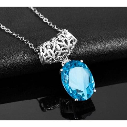 100% Real Silver 925 Pendant For Women Oval Simulate Natural Stone Sky Blue Topaz Pendants Silver 925 Luxury Fine Jewelry Gift