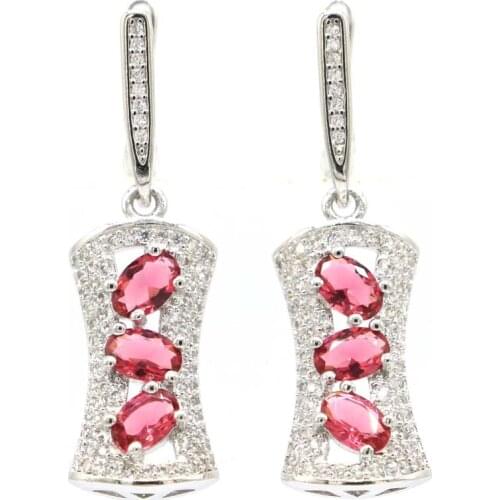 37x12mm SheCrown Romantic Pink Raspberry Rhodolite Garnet CZ For Women Dating 925 Sterling Silver Earrings Drop Shipping