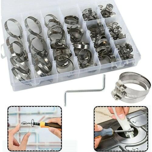 91pcs Stainless Steel Hose Clamp Assortment Kit With No Driver Jubilee Clip 8-44mm Adjustable Range for Securing Pipe Clamps