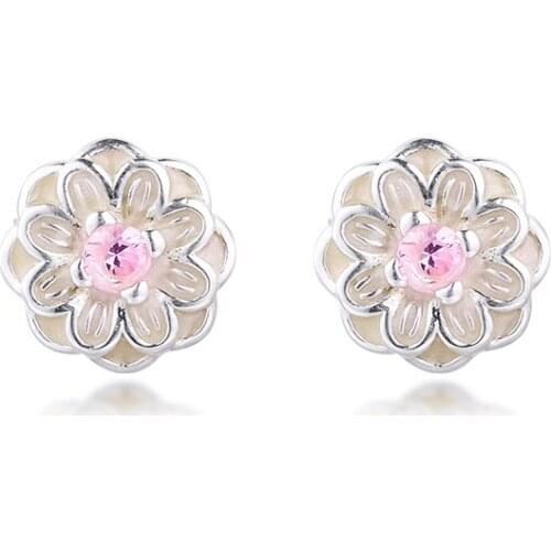 Blooming Dahlia Stud Earrings with Cream Enamel and Blush Pink CZ 100% 925 Sterling-Silver-Jewelry Free Shipping