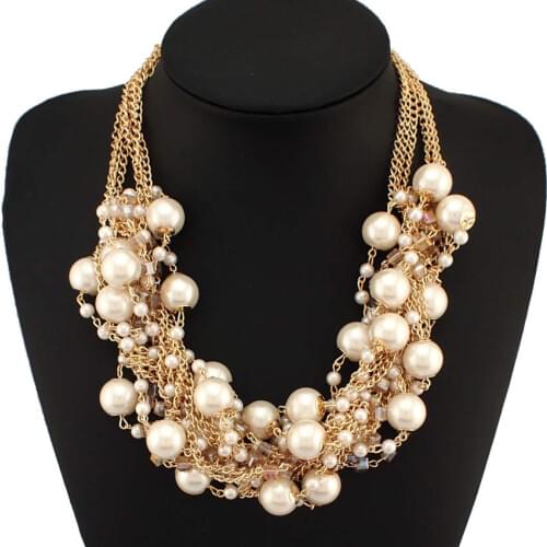 UKMOC Statement Jewelry Fashion Multi Gold Color Chains Cross Simulated Pearl Rhinestones Choker Necklaces For Women Dress