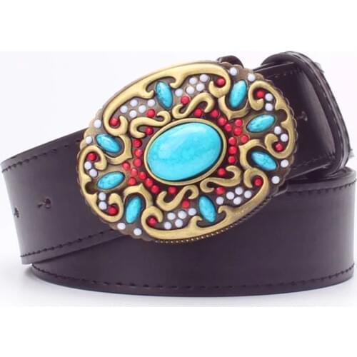 Fashion women leather belt Bohemian style Gemstone Beads belt turquoise stones belts arabesque pattern metal Belt gift for women