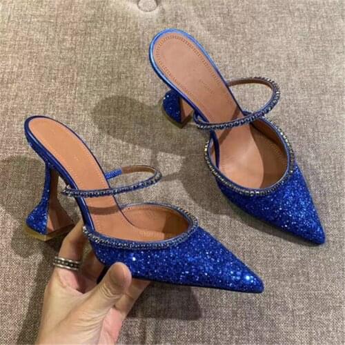 Bling Glitter Gilda Crystal-embellished Mules Crystal High Heels Women Pumps Pointed Toe Wedding Shoes Woman Gladiator Sandals