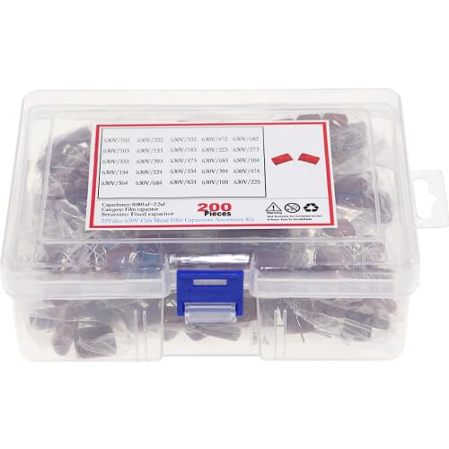200pcs/Box 25 Types 630V 0.001uf~2.2uf CBB Metal Film Capacitors Assortment Kit