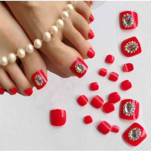 24Pcs Red color full cover toe false nails Extension French style square Artificial Fake Toenails Art Tip Fashion diamond