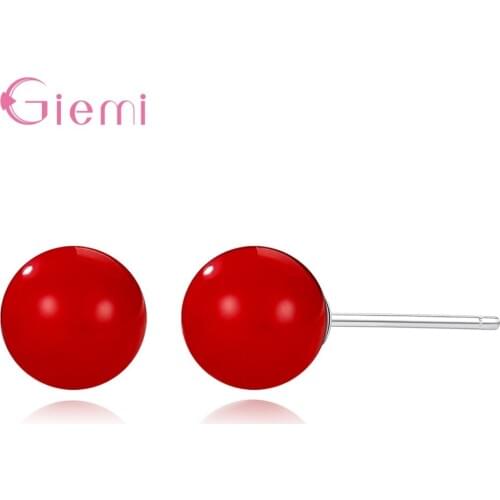 New Trendy Red Acrylic Round Beads 8mm &10mm 925 Sterling Silver Stud Earrings For Women Statement Piercing Earrings Jewelry