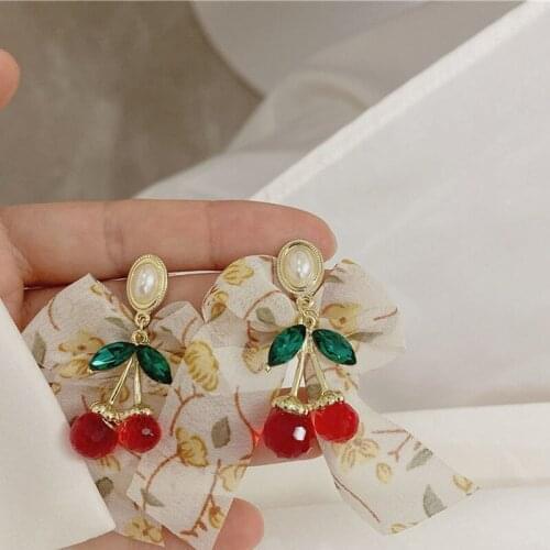 Origin Summer Sweet Stylish Multicolor Bowknot Dangle Earring for Women Girls Red Cherry Rhinestone Ribbon Earring Jewelry