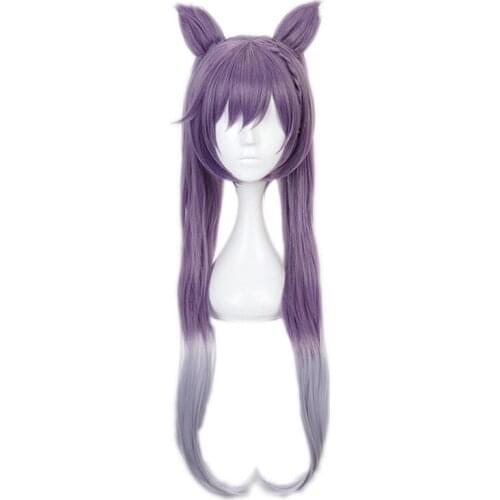 Genshin Impact KEQING Cosplay Wig with Ears Gradient Purple Long Curly Ponytails Hair Halloween